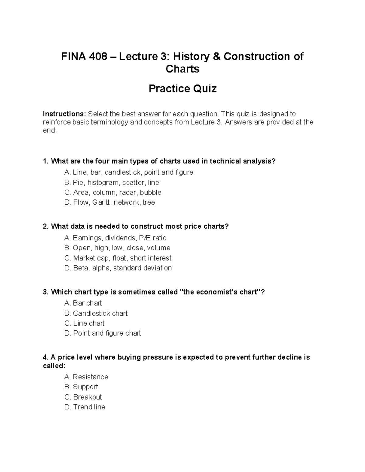 FINA 408 Lecture 3: Technical Analysis Charts Practice Quiz - Studocu