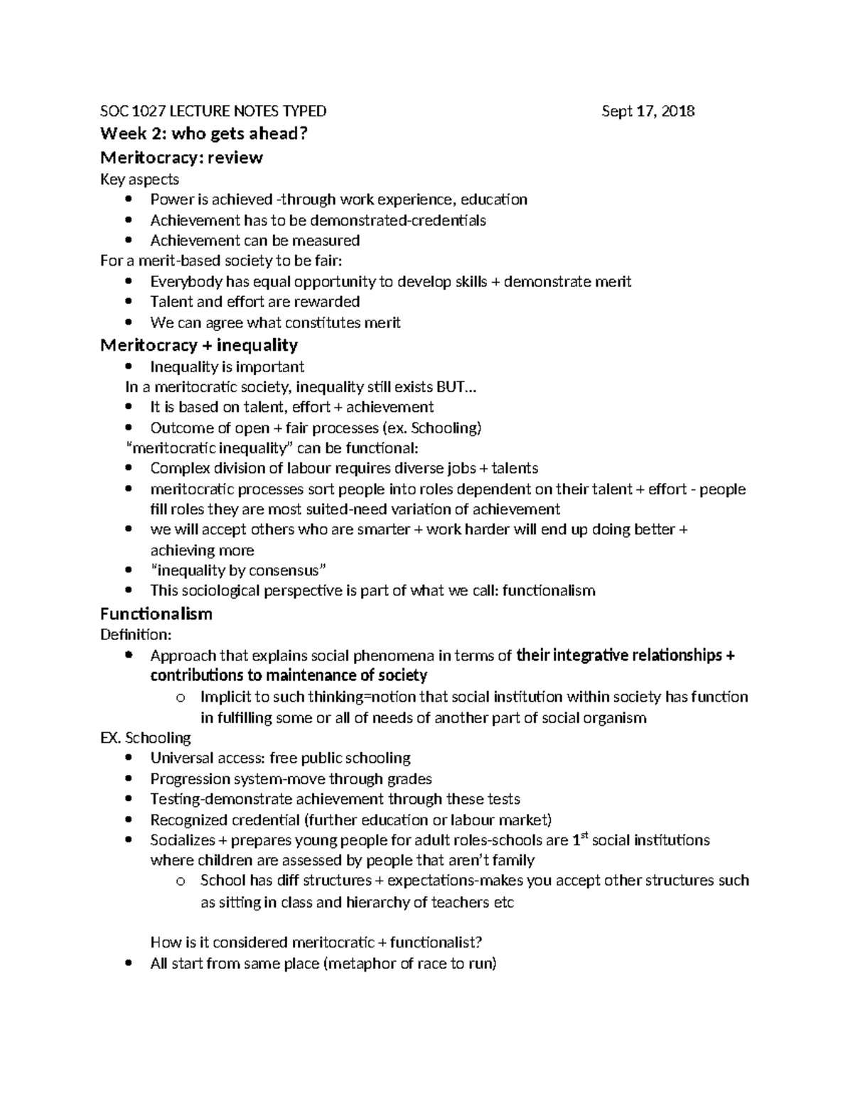 SOC 1027 Week 2 & 3 Lecture Notes on Meritocracy and Inequality - Studocu