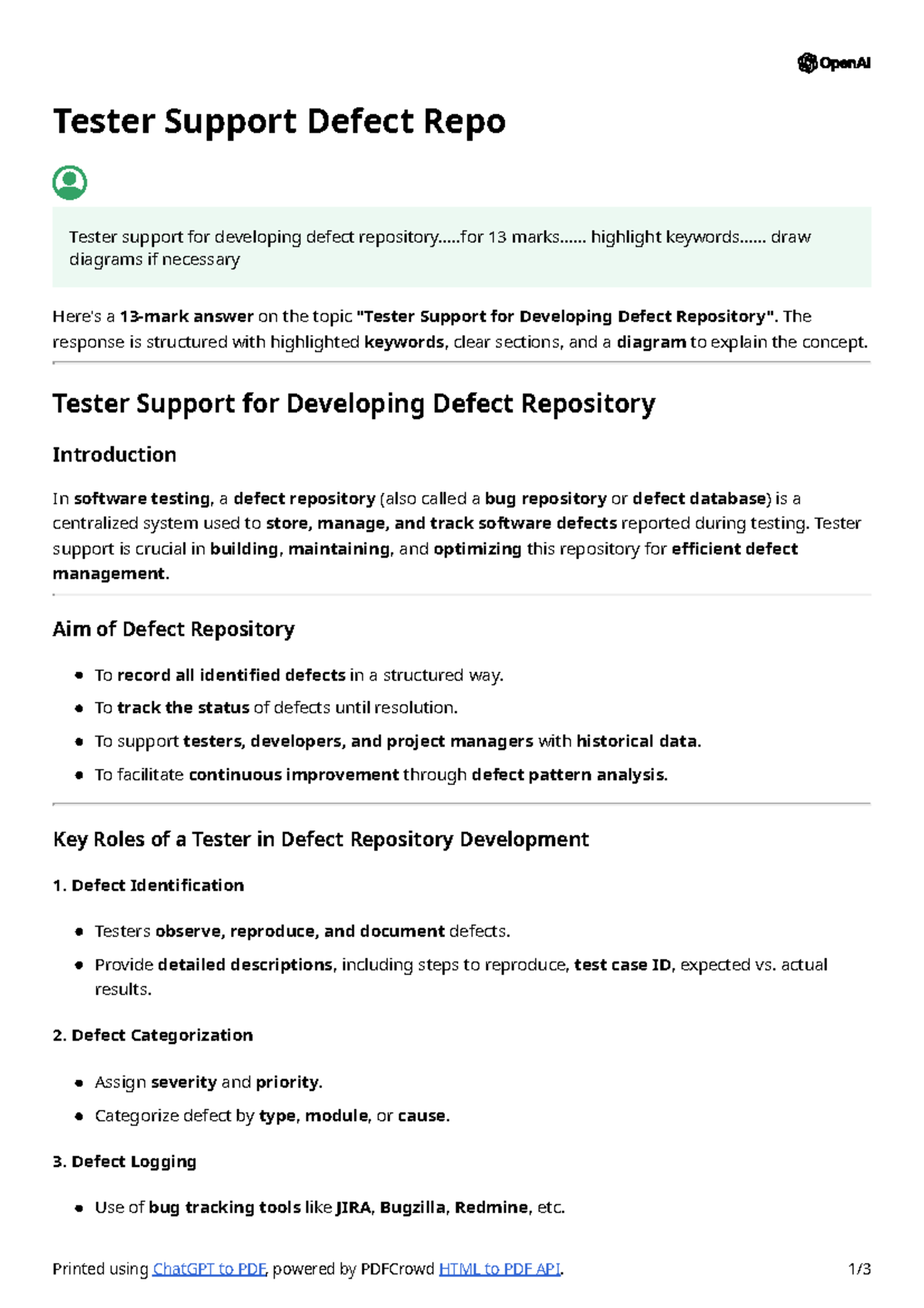 Tester Support for Developing Defect Repository (13 Marks) - Studocu