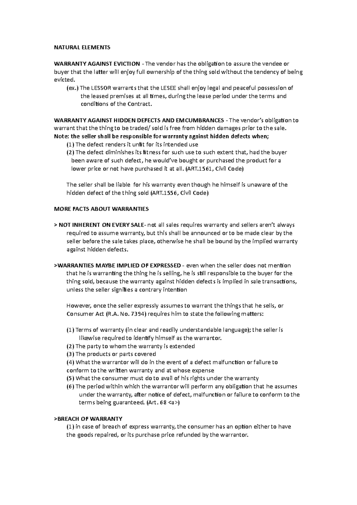 Warranties Lecture Notes (RFBT 3) - Business Law Insights - Studocu