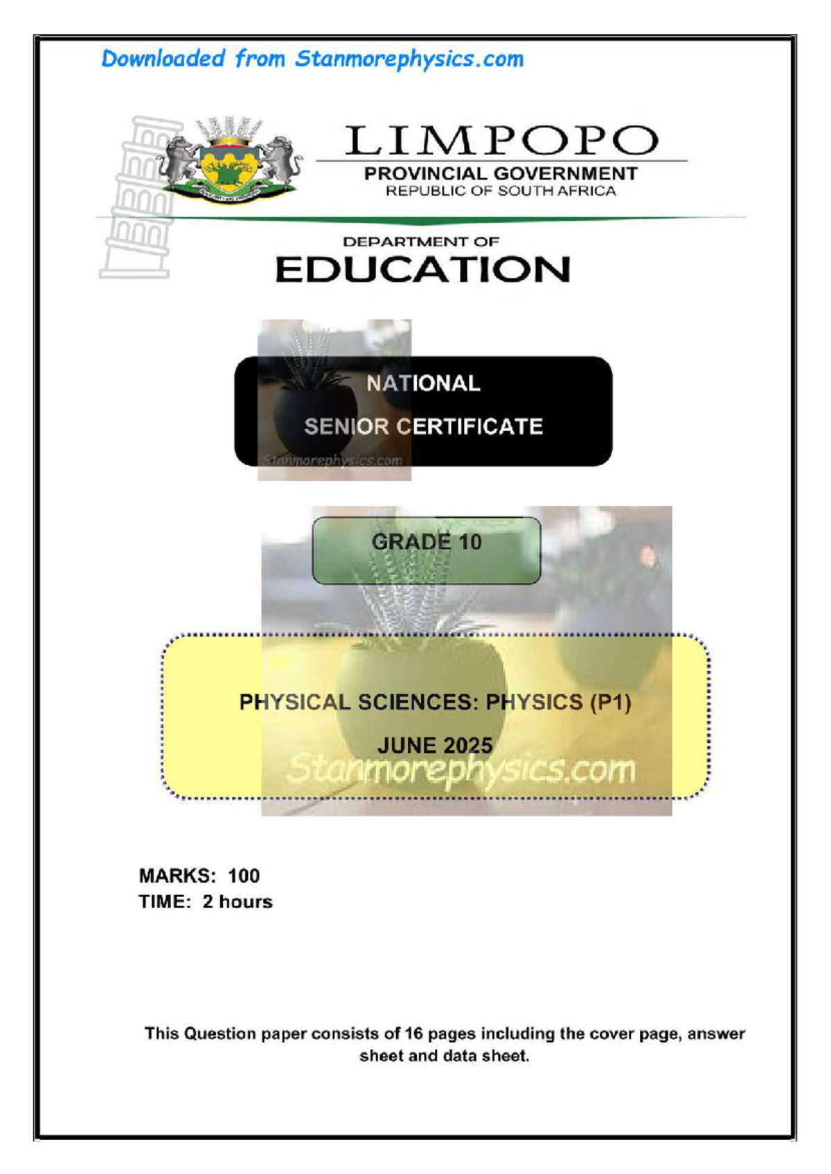 LP Physical Sciences Grade 10 June 2025 Exam Paper and Memo - Studocu