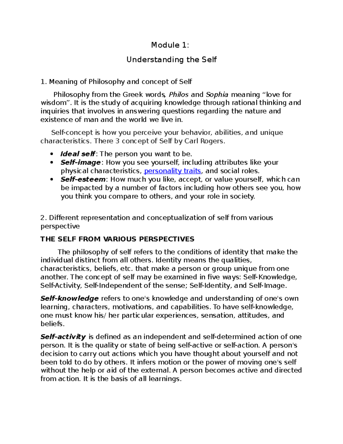 Module 1 of Understanding THE SELF - Module 1: Understanding the Self ...