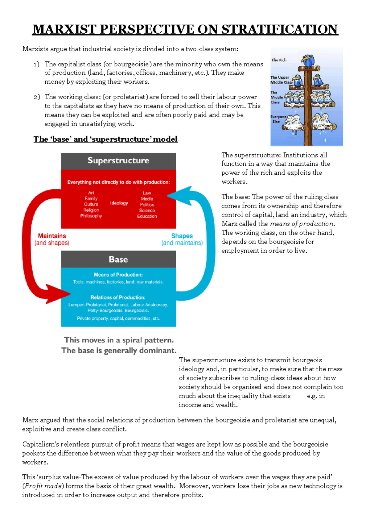 Perspectives Stratification Revision Notes 1 - MARXIST PERSPECTIVE ON ...