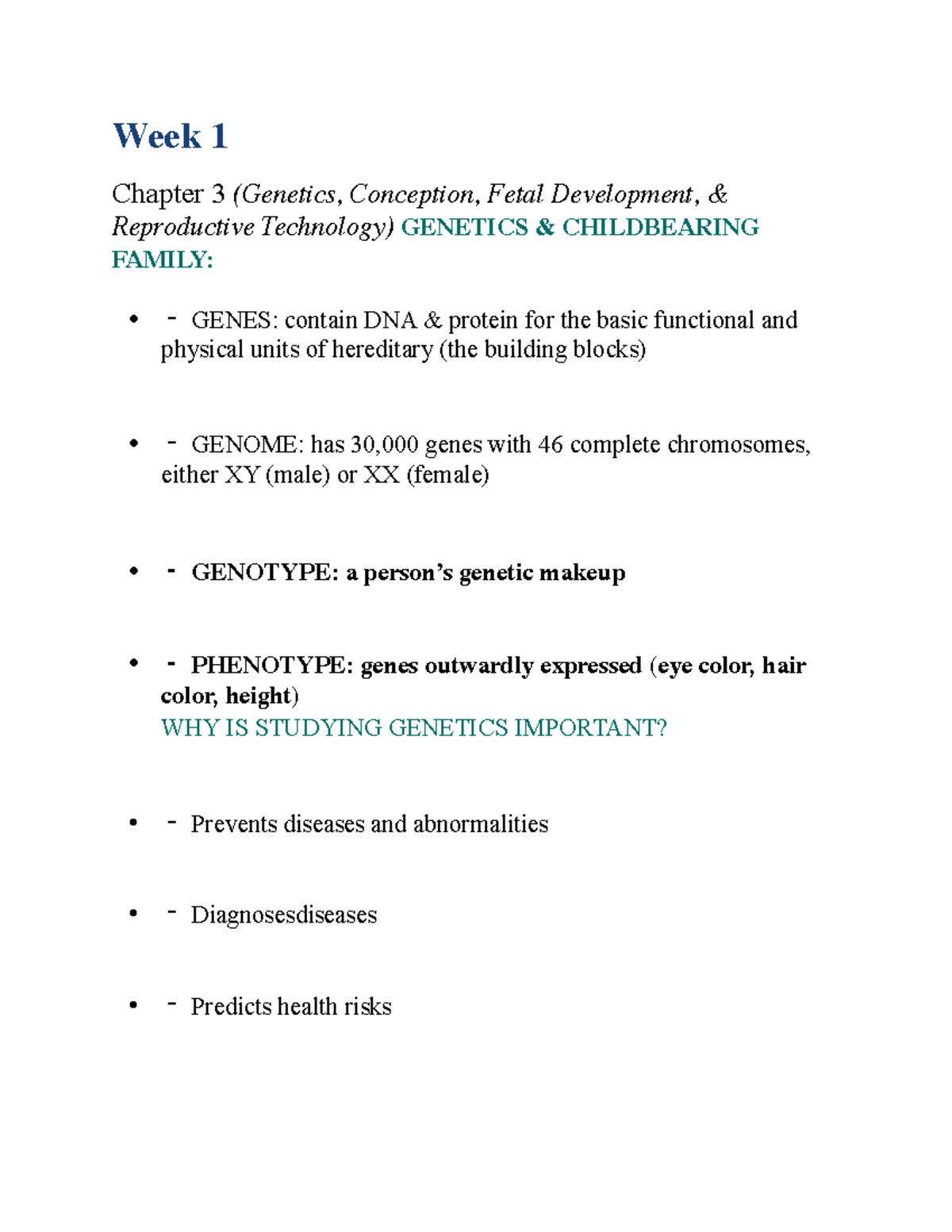 OB W1 Lecture Notes - Genetics, Conception & Fetal Development - Studocu