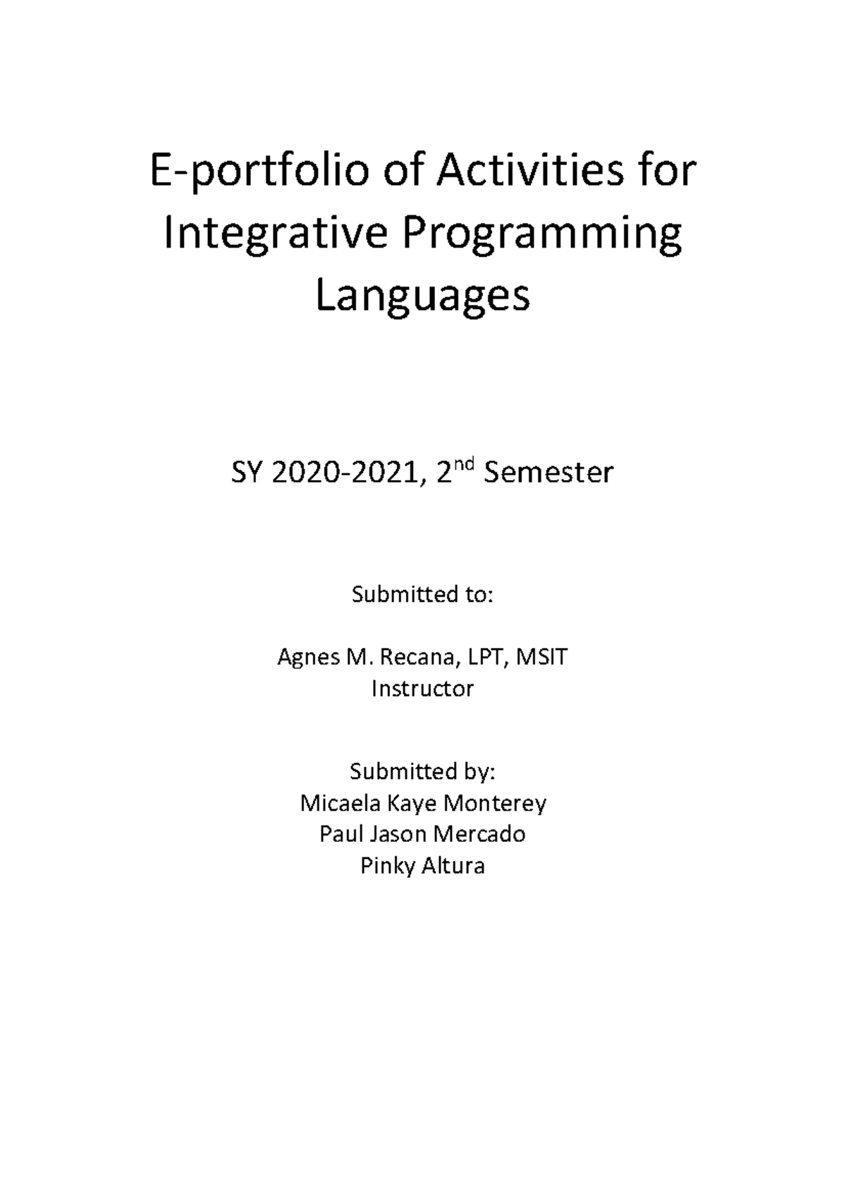 Integrative Programming E-Portfolio SY 2020-2021 2nd Sem Activities ...