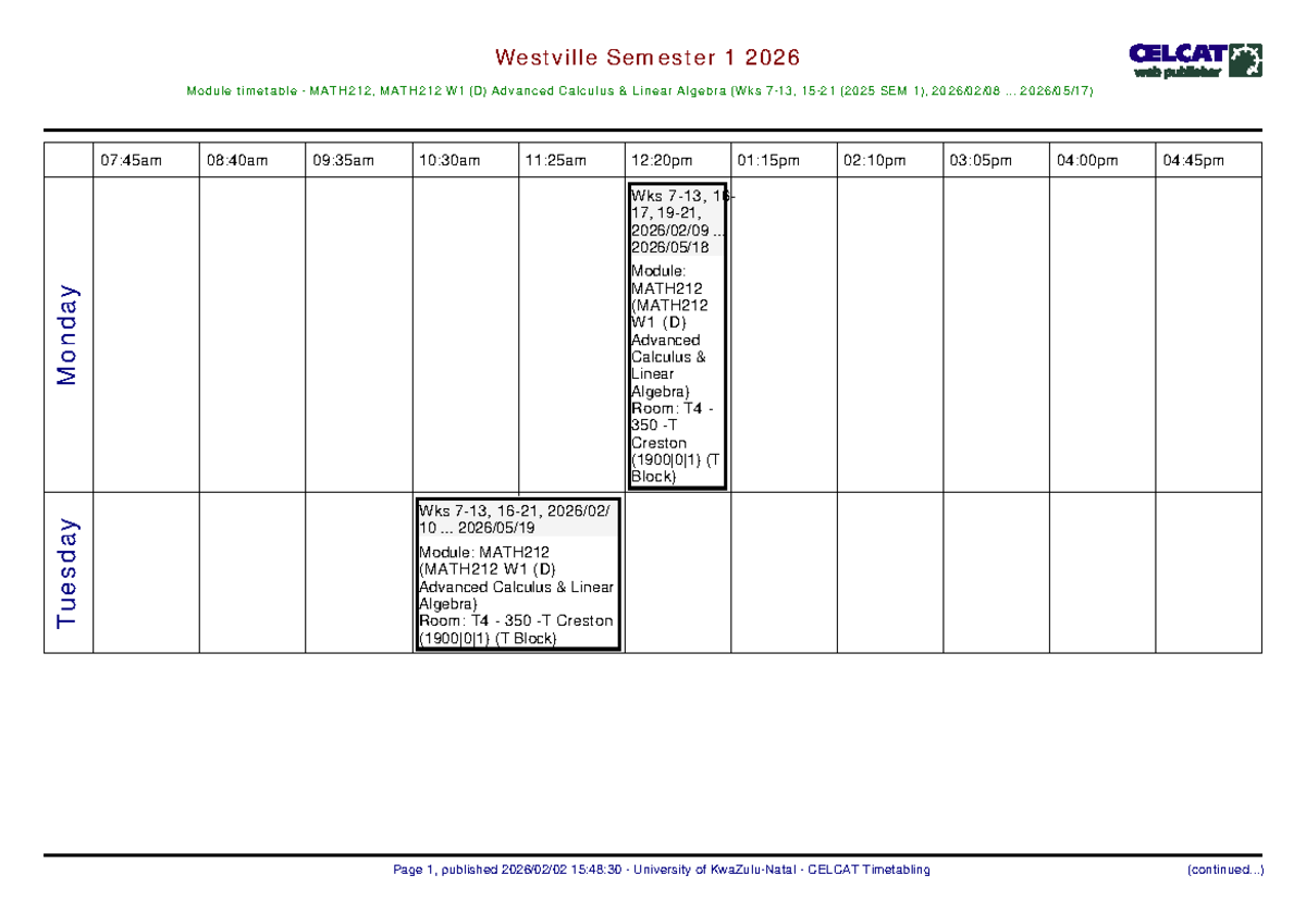MATH212 Semester 1 2026 Timetable: Advanced Calculus & Linear Algebra ...