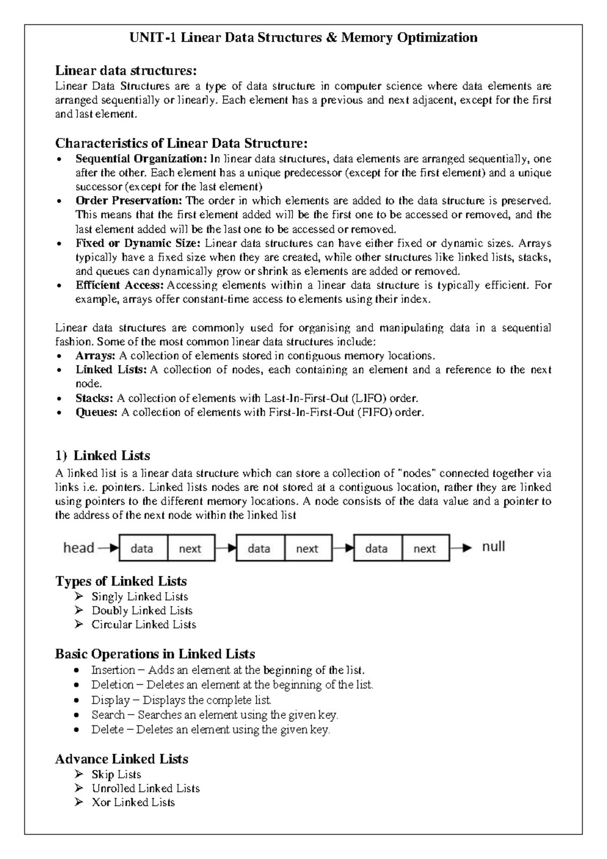 M.E. Advanced Data Structures: Linear Data Structures Overview - Studocu