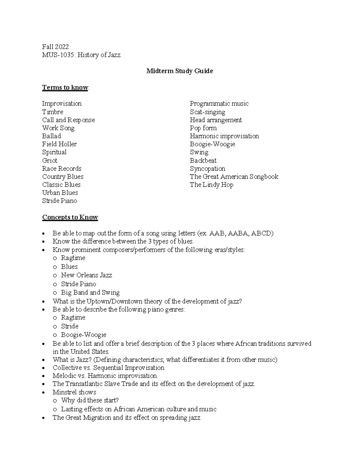 Musc 1035 Fall 2022 History Of Jazz Midterm Study Guide Studocu