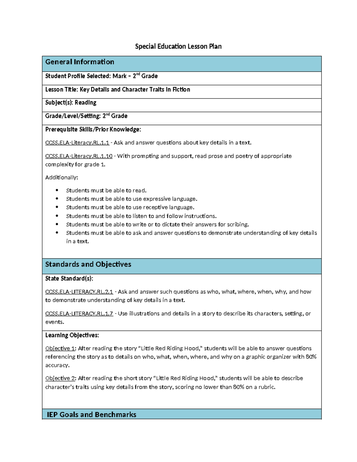 D005 Special Education Lesson Plan: Key Details & Character Traits ...