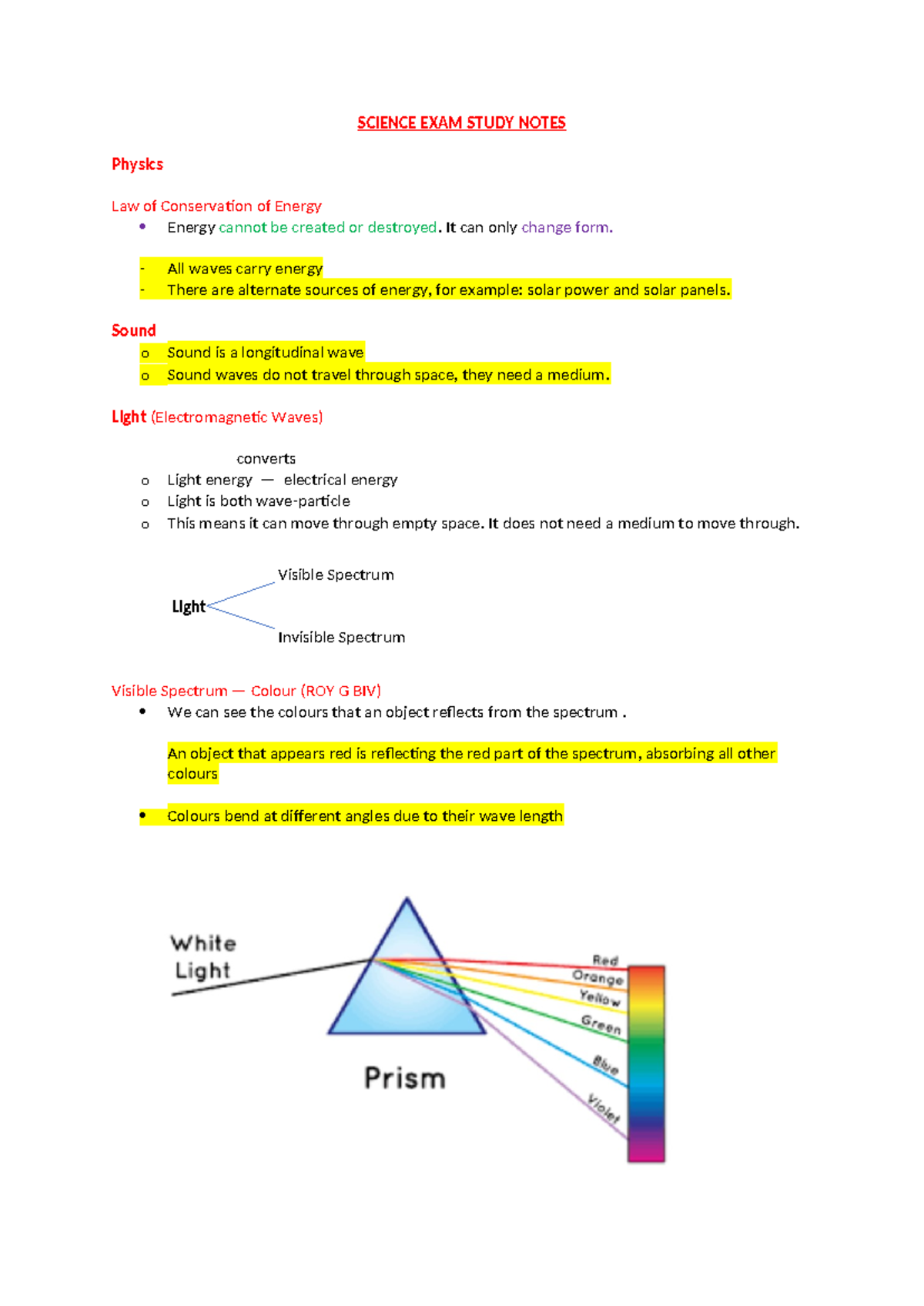 Science YEAR 9 Exam Study Notes on Energy, Waves & Light Concepts - Studocu