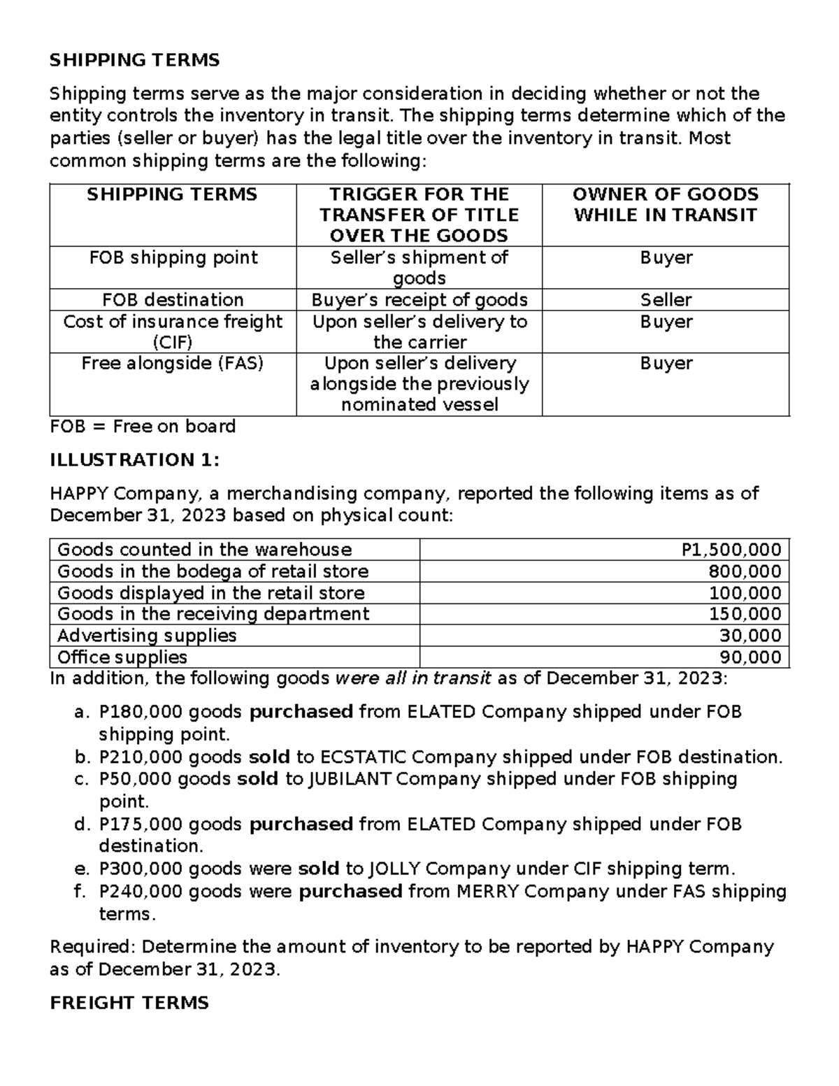 Freight-terms - Activity - SHIPPING TERMS Shipping terms serve as the ...