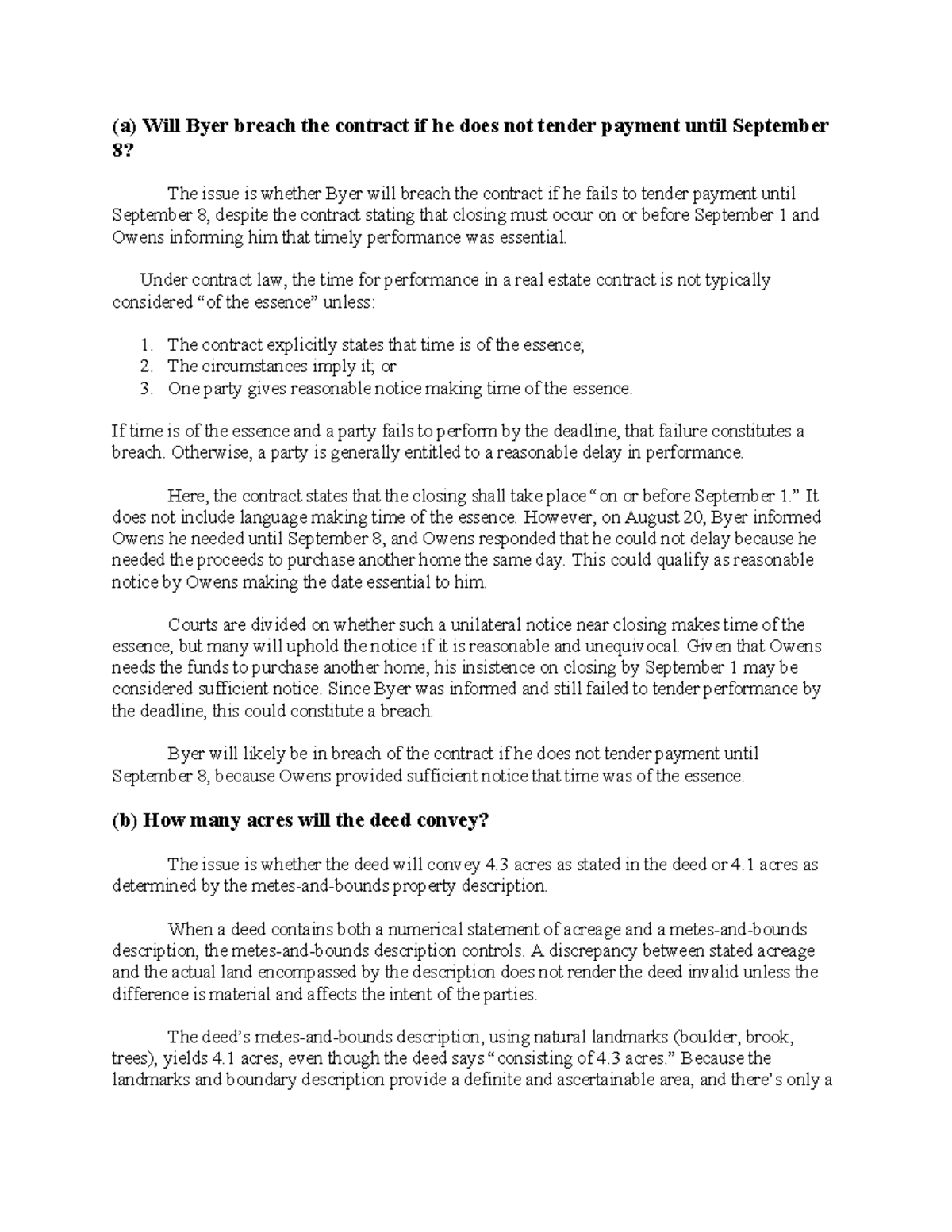 Barbri Property Essay 1: Contract Breach & Deed Conveyance Issues - Studocu