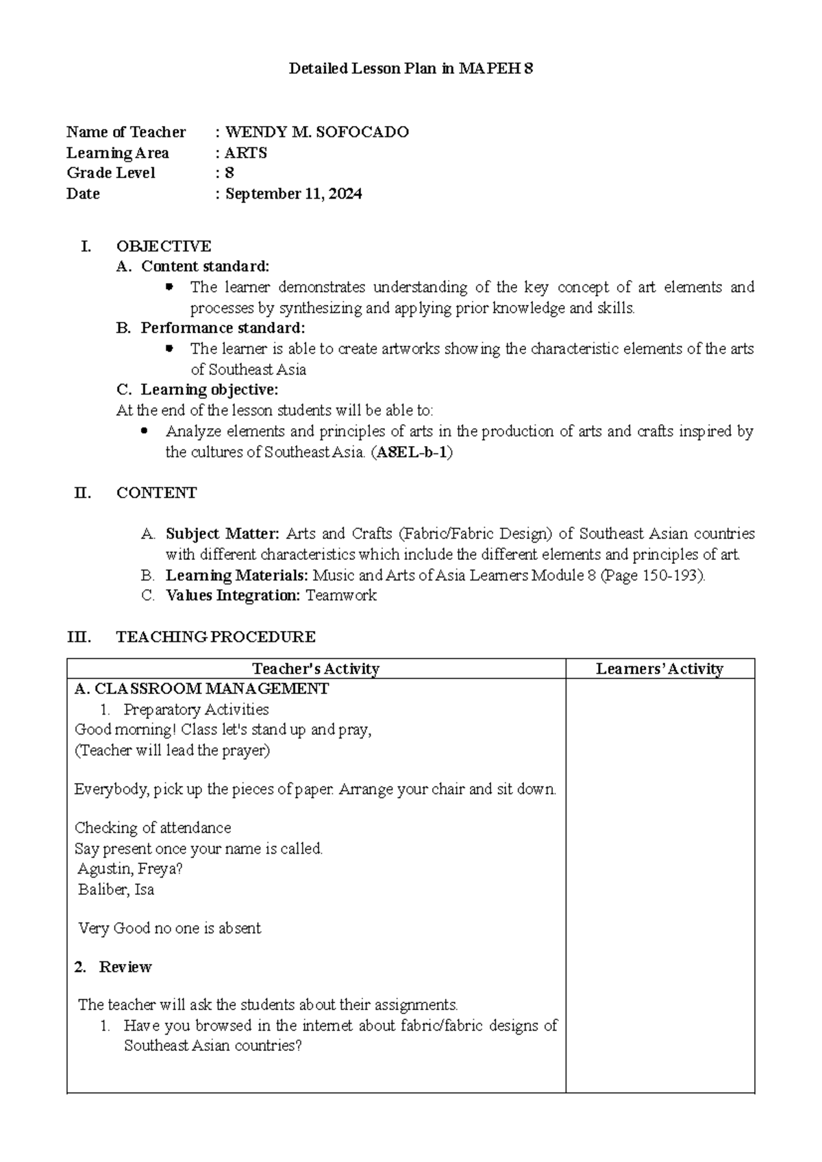 DLP sep 11 - dll - Detailed Lesson Plan in MAPEH 8 Name of Teacher ...