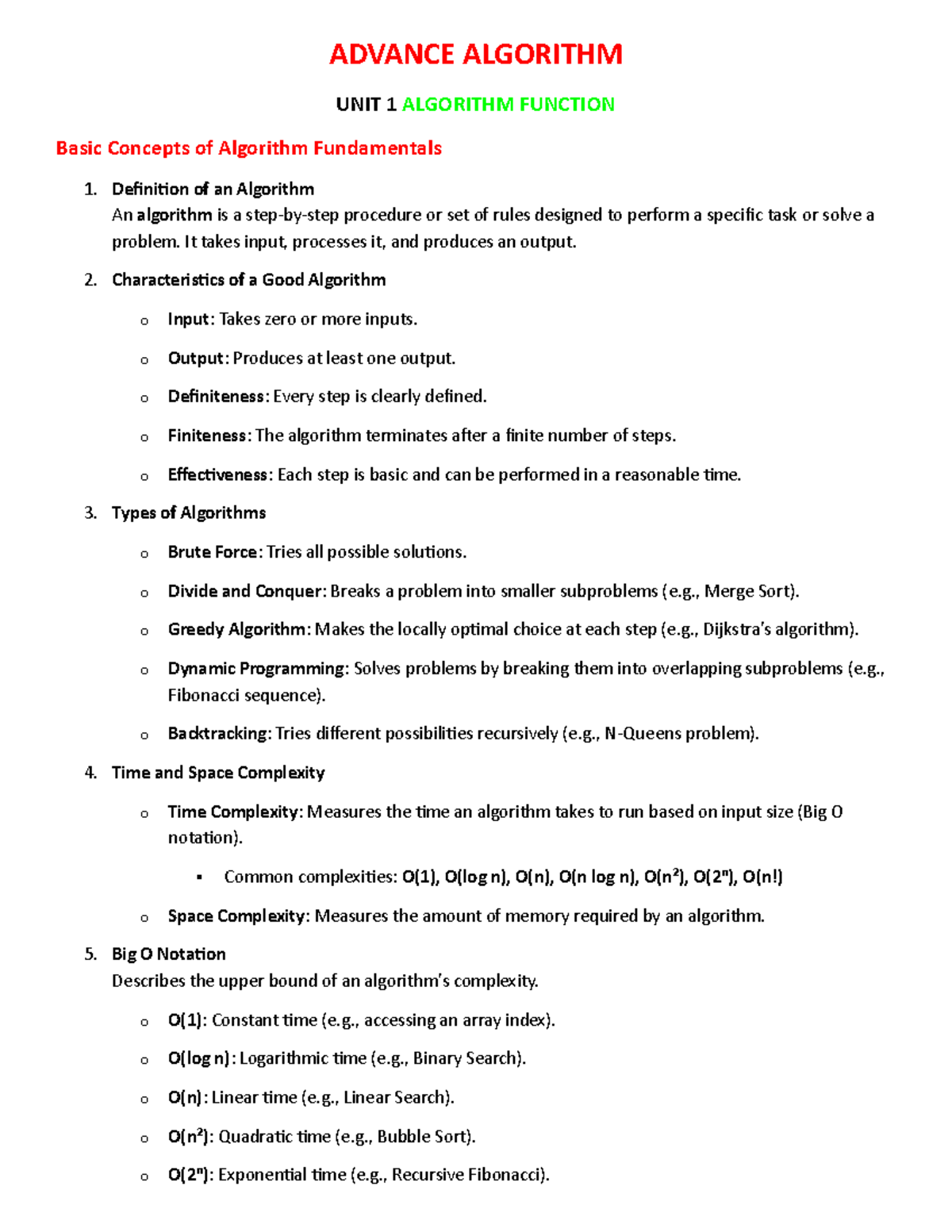M.Tech ADVANCE ALGORITHM Unit 1: Algorithm Fundamentals & Analysis ...