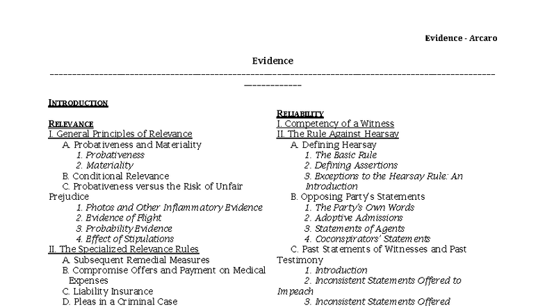 Evidence Outline (LAW 101): Key Principles and Rules - Studocu