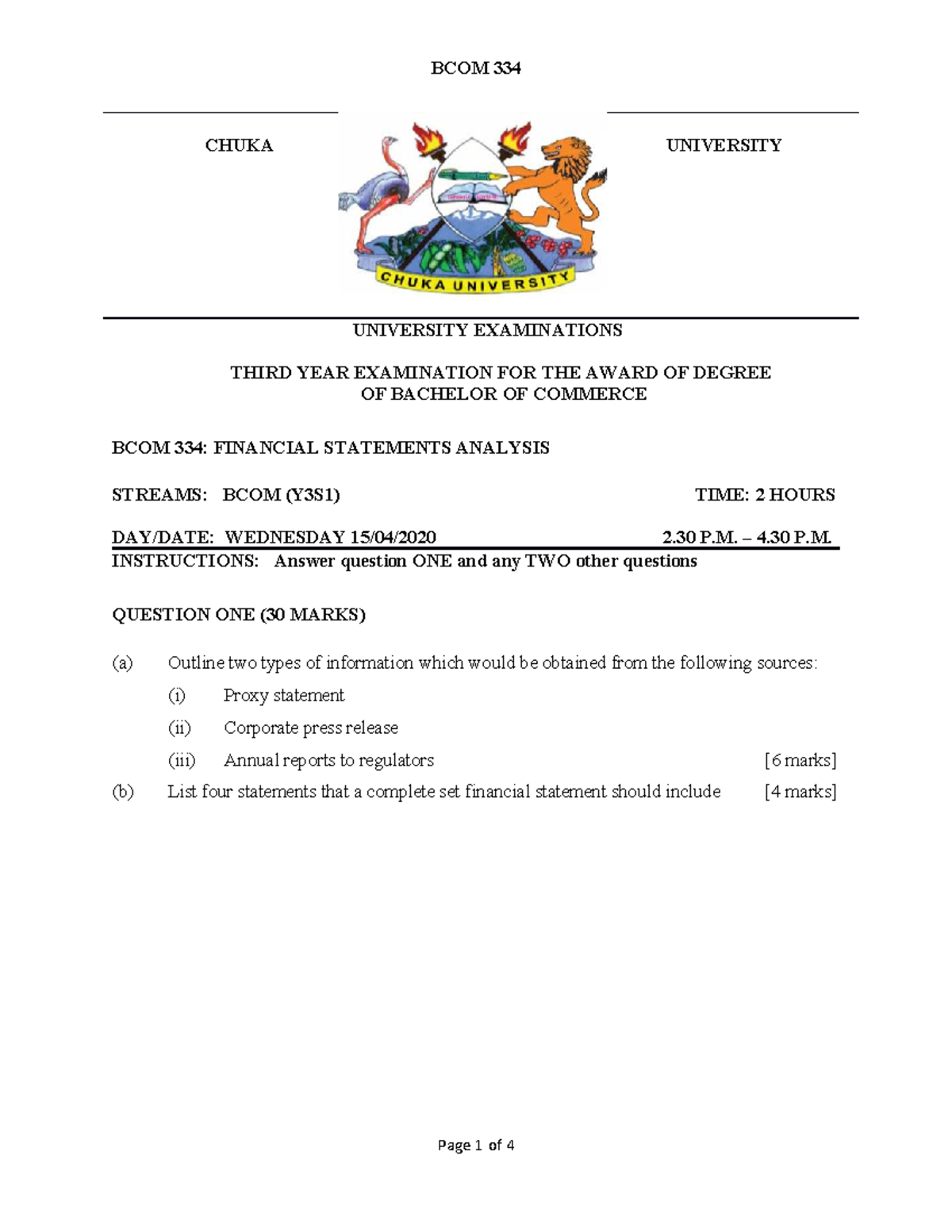 BCOM 334: Financial Statements Analysis - Third Year Exam Guide - Studocu