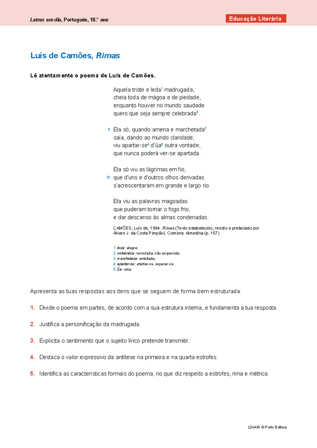 Rimas de Luís de Camões - Análise e Estrutura - Português 10.º Ano - Document Preview