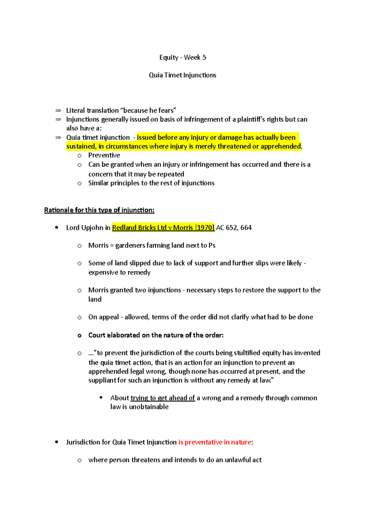 Equity - Quia Timet Injunctions - Equity - Week 5 Quia Timet ...
