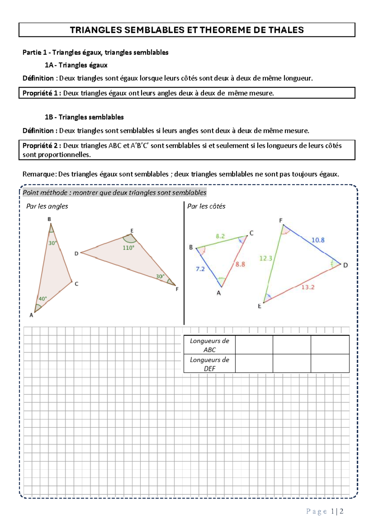 TRIANGLES SEMBLABLES ET THÉORÈME DE THALES - Cours Élève - Studocu