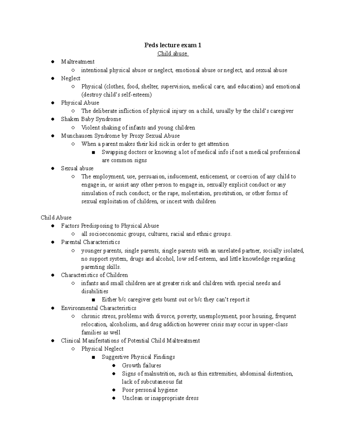 PEDS 101 Lecture Exam 1: Key Concepts on Child Abuse - Studocu