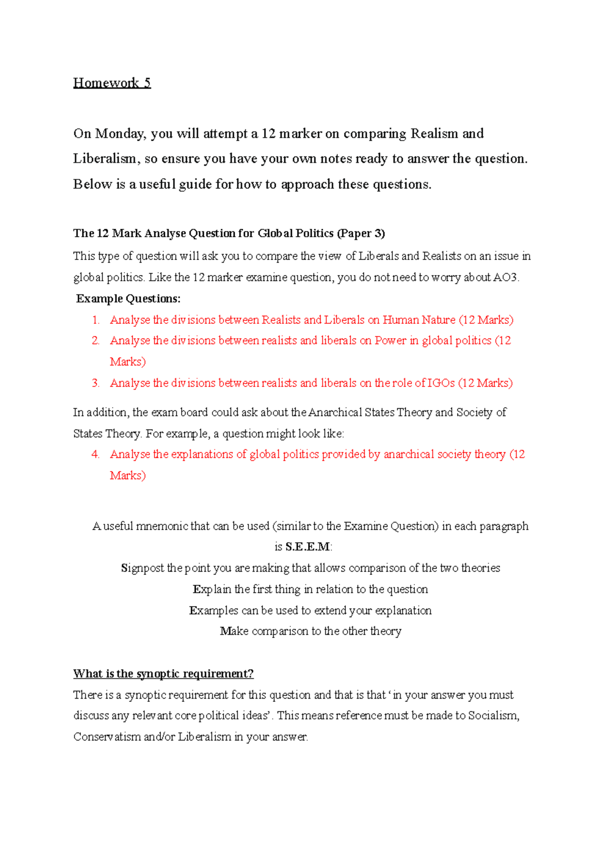 Global Politics Homework 5: Comparing Realism & Liberalism (12 Marks ...