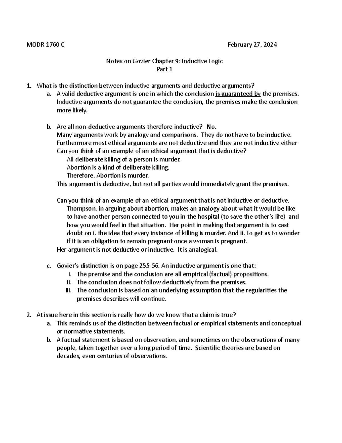 Lecture 5: Types of Arguments - Inductive and Deductive Reasoning - Studocu
