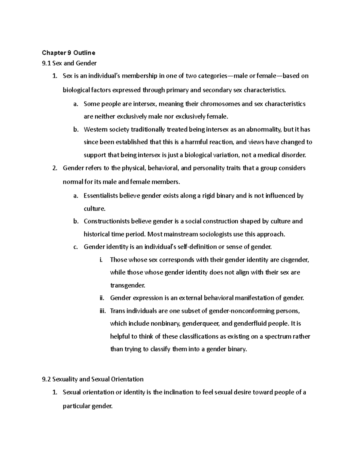 Sociology 101: Chapter 9 Outline on Sex, Gender, and Sexuality - Studocu
