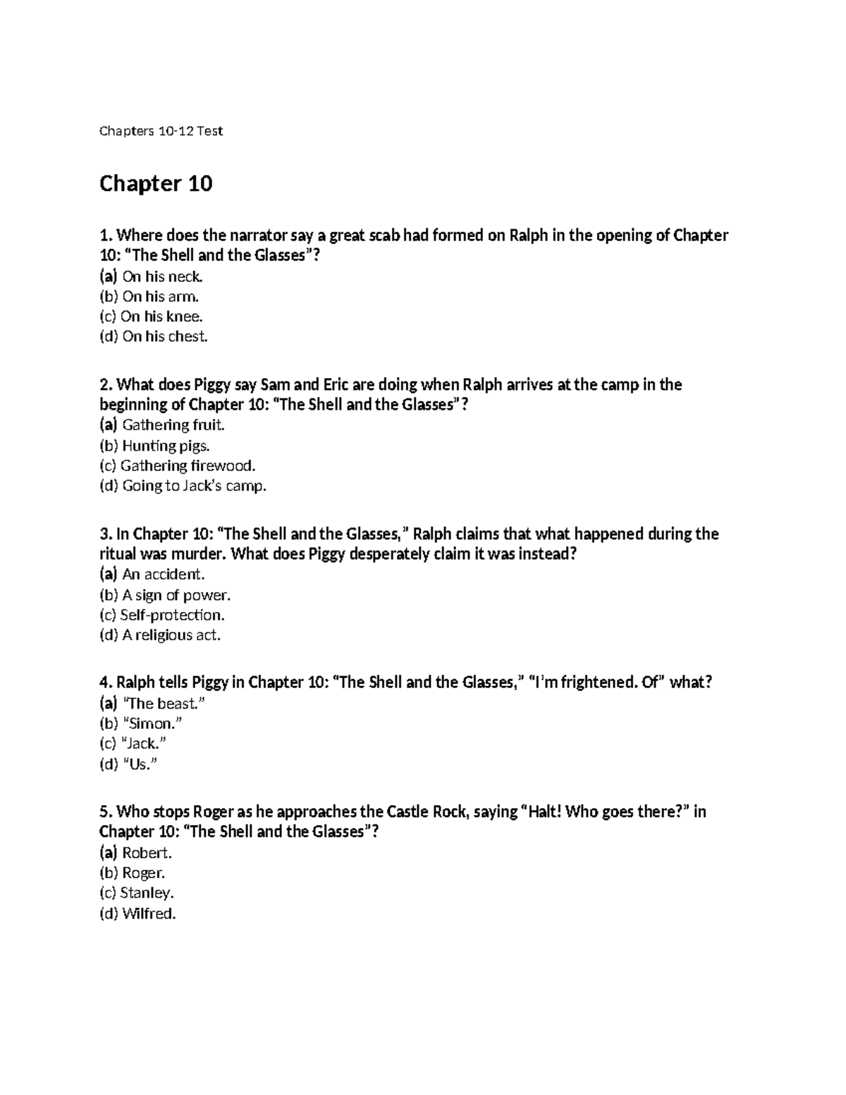 Ch 10-12 Test - Lord of the Flies Analysis - Studocu
