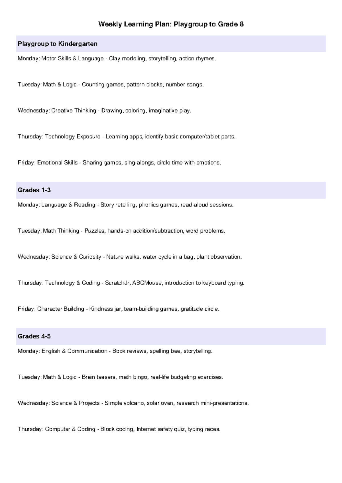 Weekly Learning Plans: Playgroup to Grade 8 Overview - Studocu