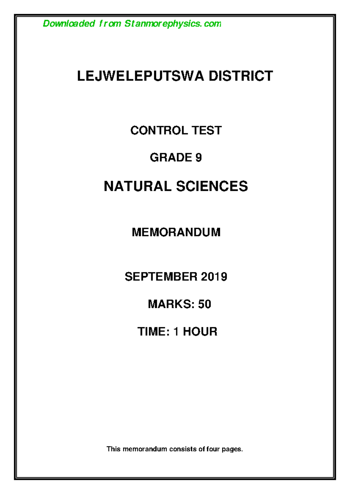 Natural Sciences Grade 9 Control Test Memo - Sept 2019 - Studocu