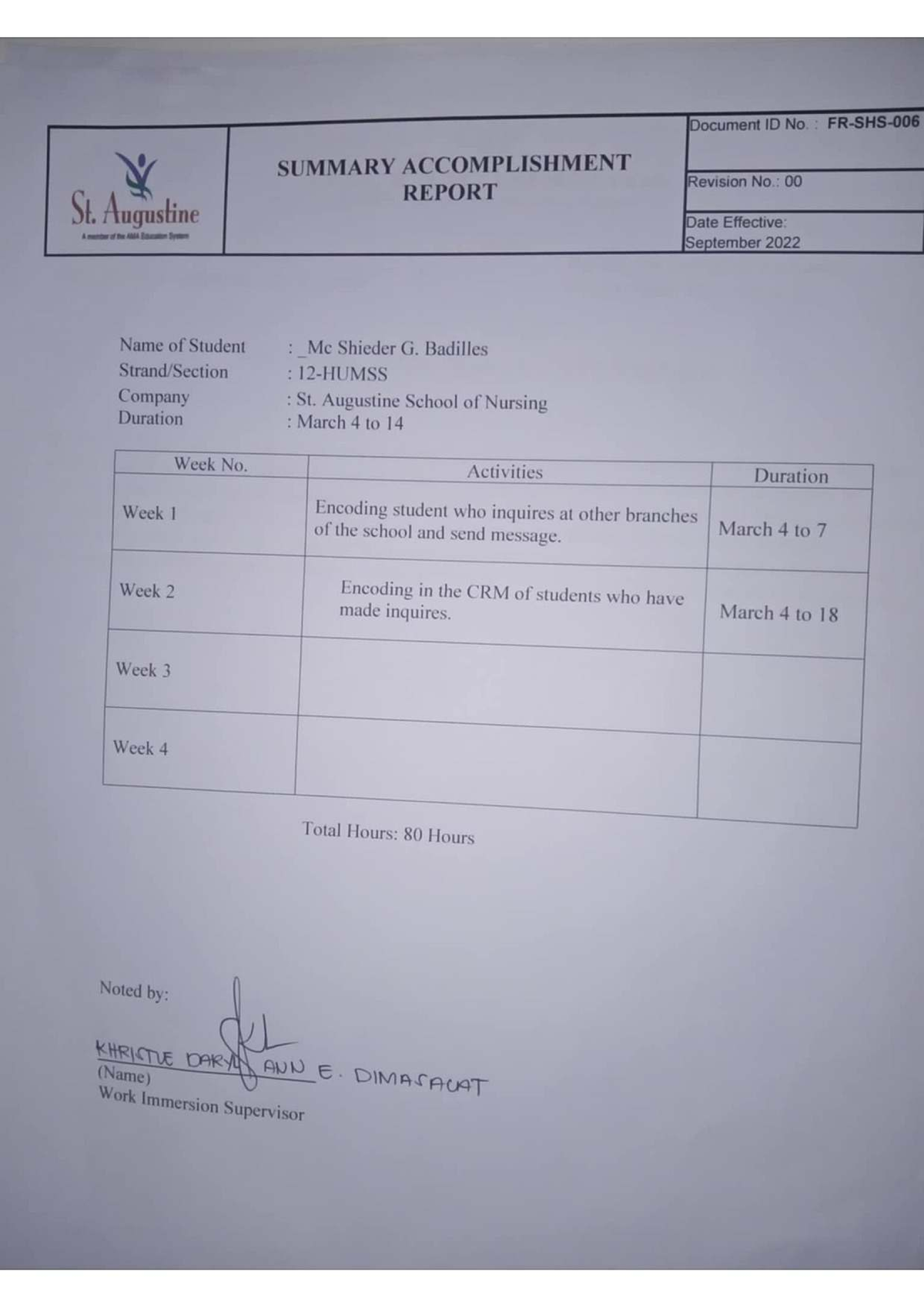 HUMSS Work Immersion Report: Mc Shieder G. Badilles - Studocu
