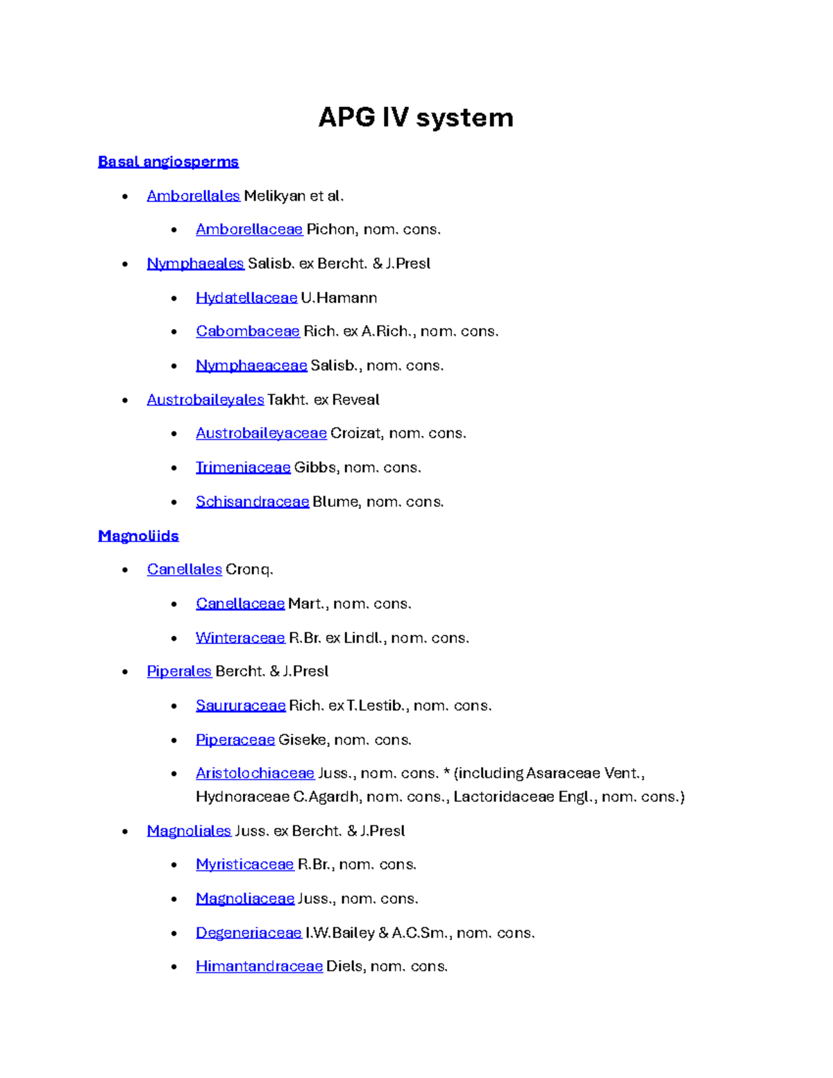 APG IV System Overview - Basal Angiosperms and Lineages (TV11.4) - Studocu