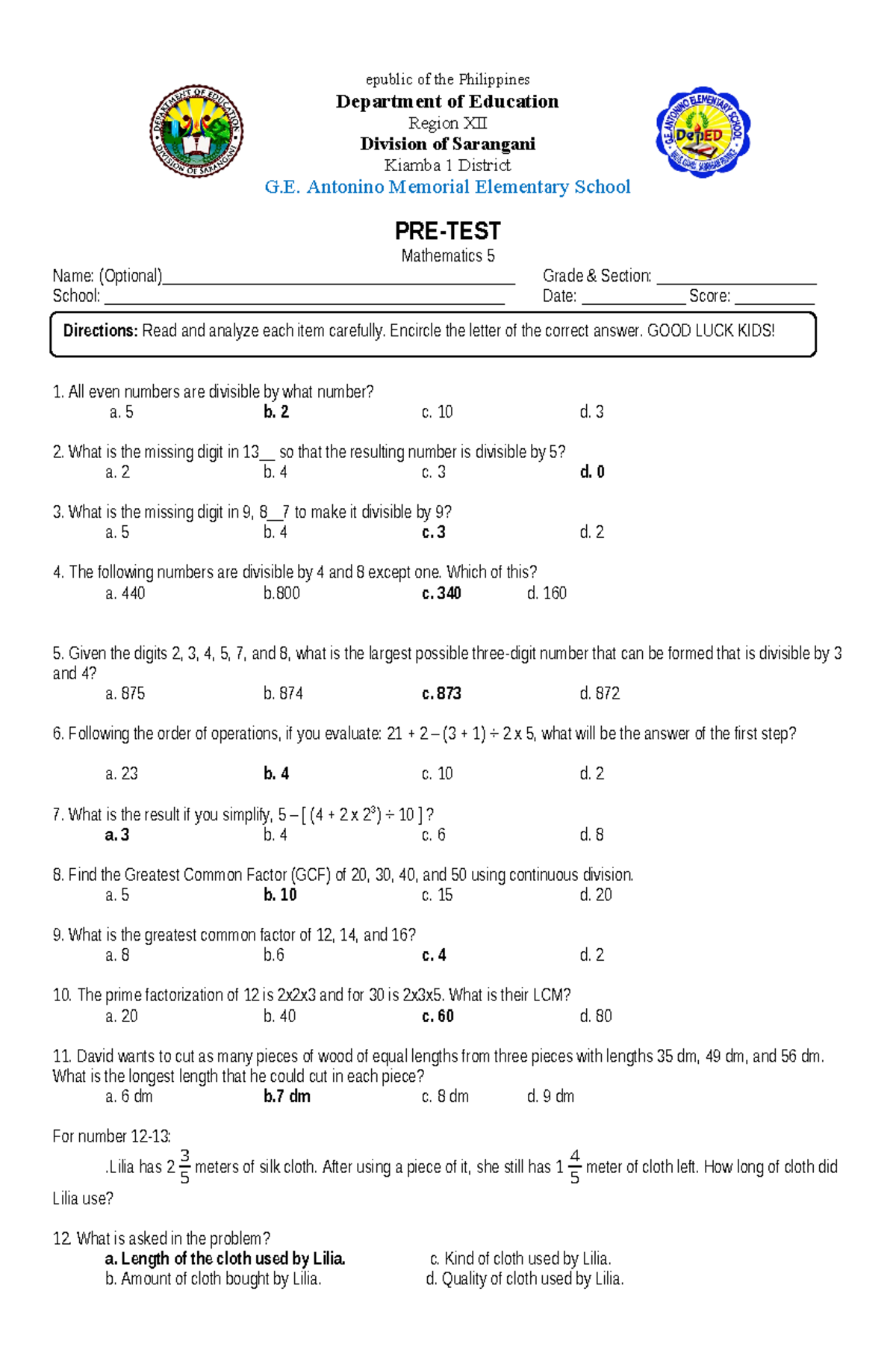 Pretest in Mathematics 5 Quarter 1 - epublic of the Philippines ...