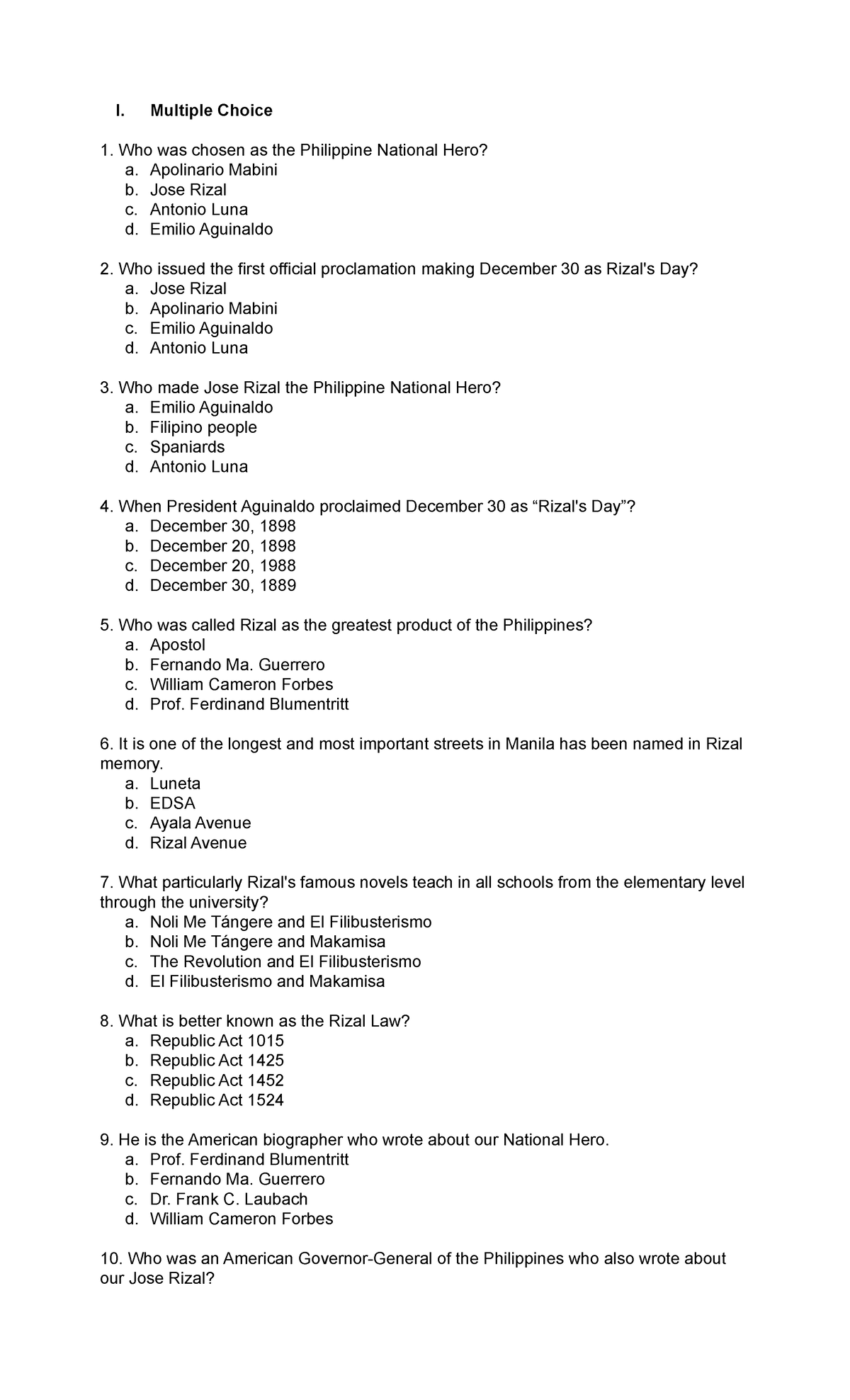 500 Multiple Choice Questions on Rizal's Life and Works - Studocu