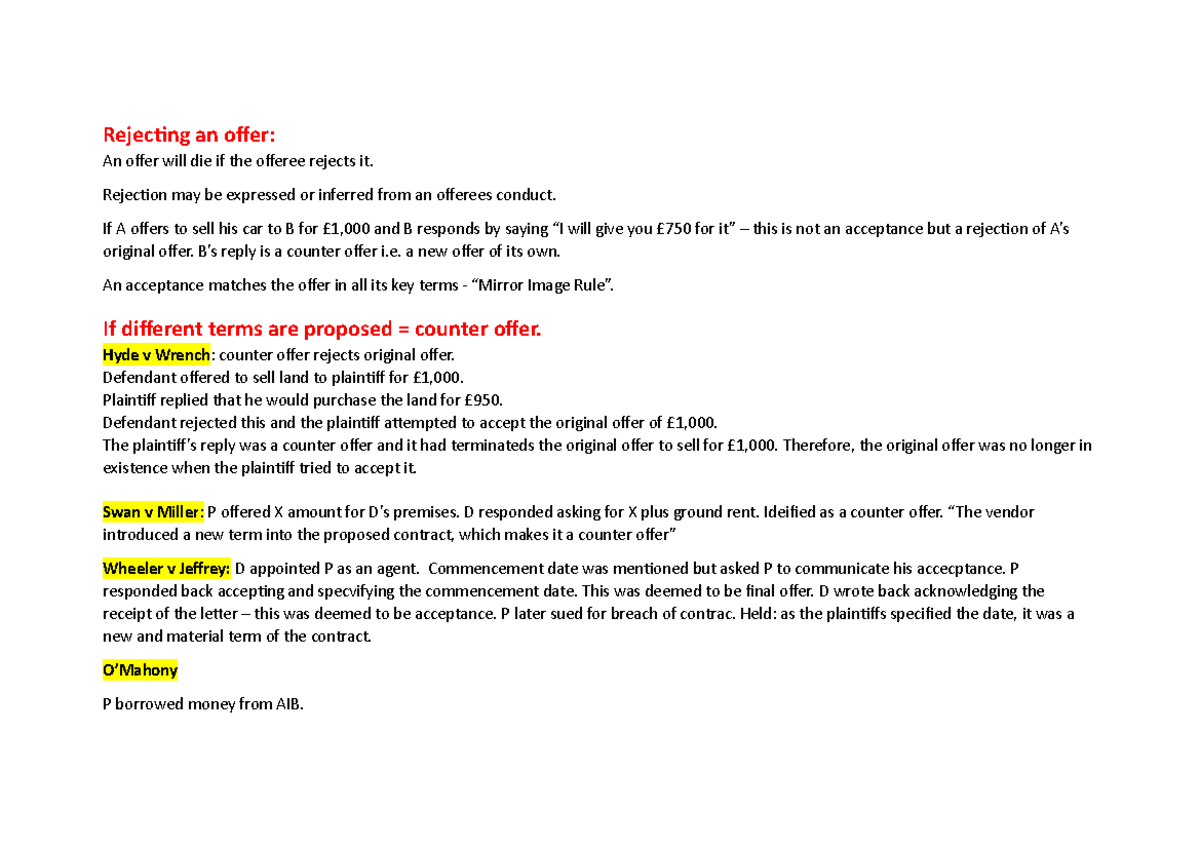 Termination of offer fe 1 notes - Rejecting an offer: An offer will die ...