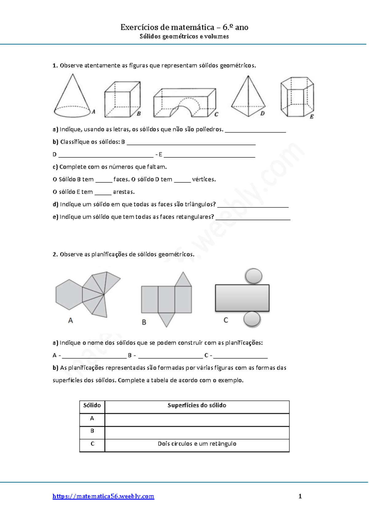 Exercícios de Matemática 6.º Ano: Sólidos Geométricos e Volumes - Studocu