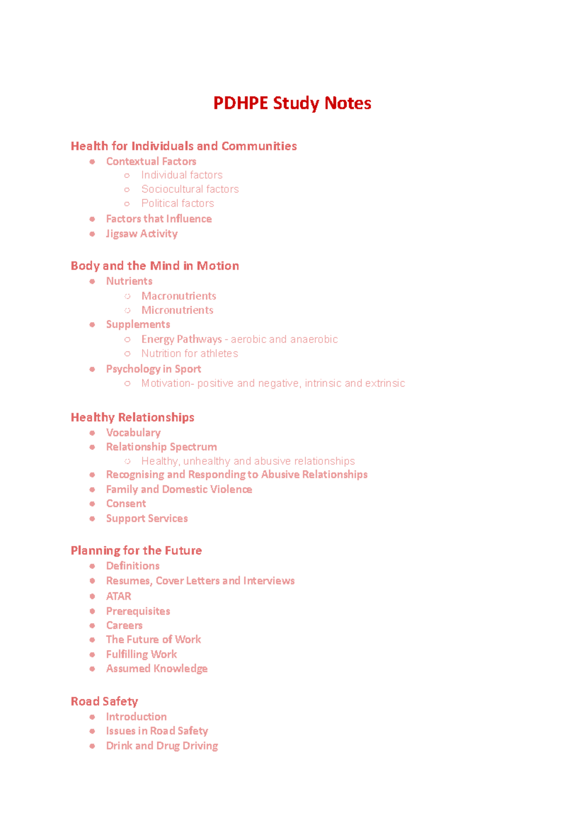 YR 10 PDHPE Study Notes: Health, Relationships & Nutrition Insights ...