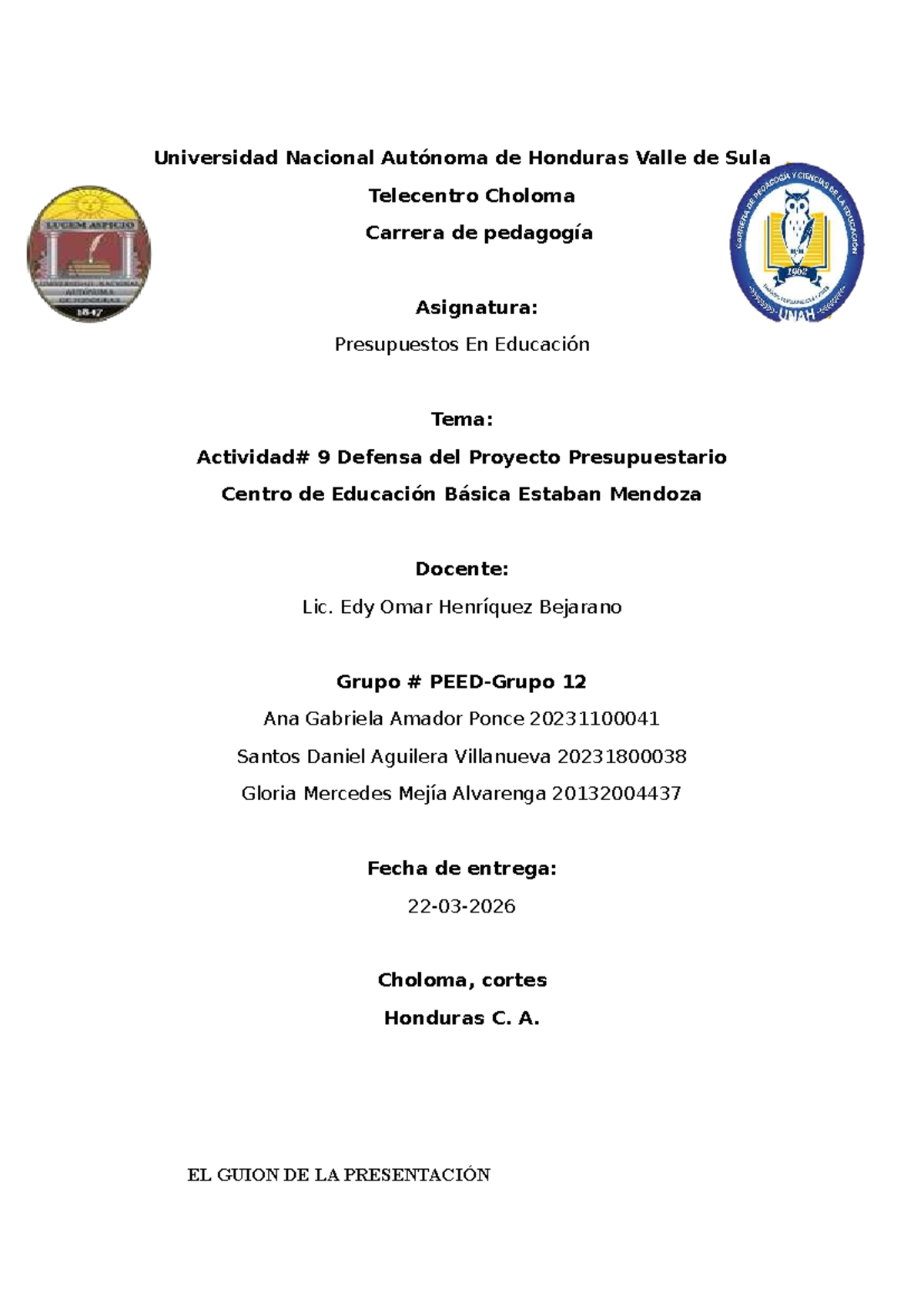 Presupuesto Educativo: Proyecto del Centro Esteban Mendoza - PEED-Grupo ...