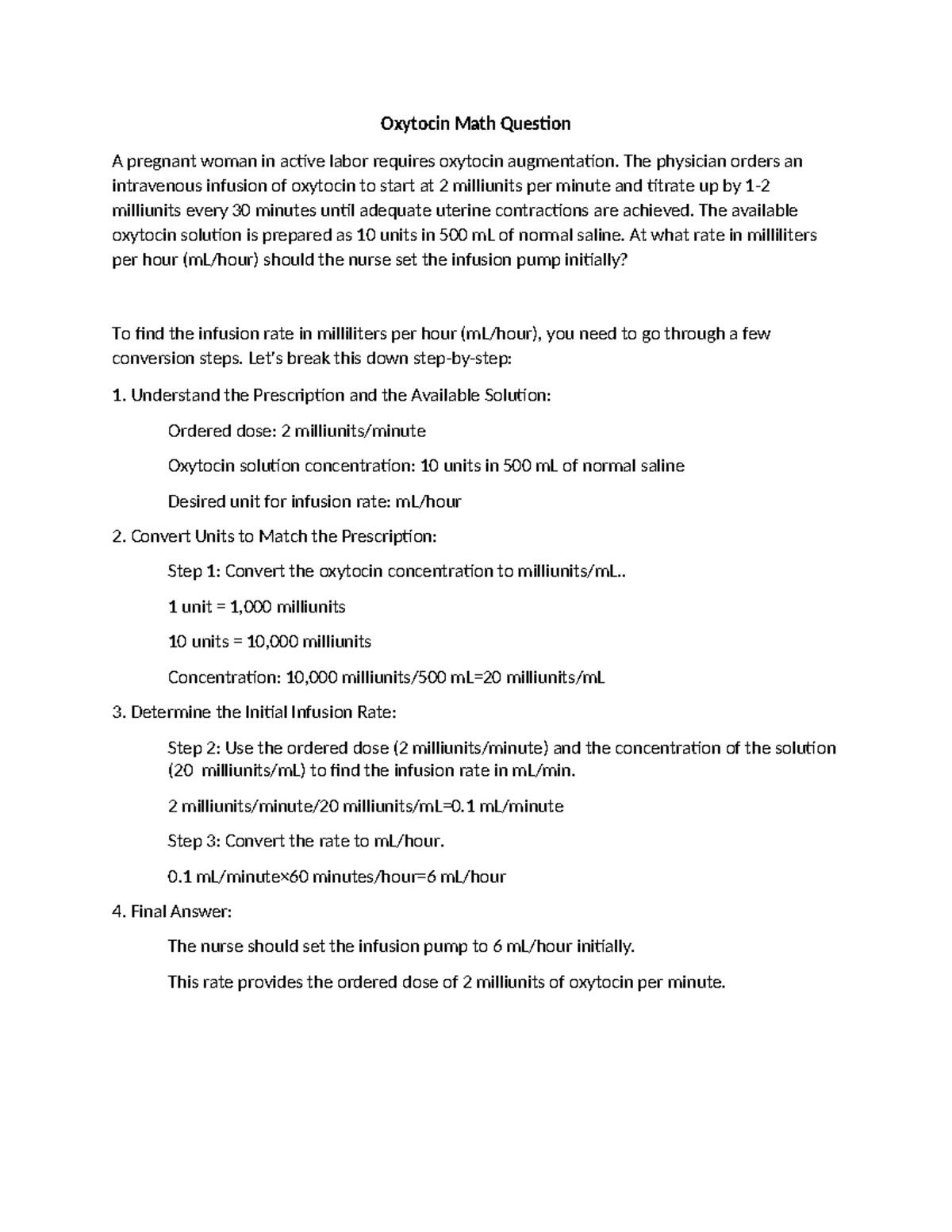 Oxytocin Infusion Calculation for Labor Management (Math Q) - Studocu