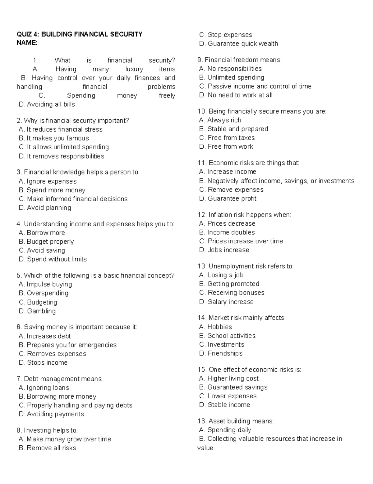 QUIZ 4: BUILDING FINANCIAL SECURITY - KEY CONCEPTS AND QUESTIONS - Studocu