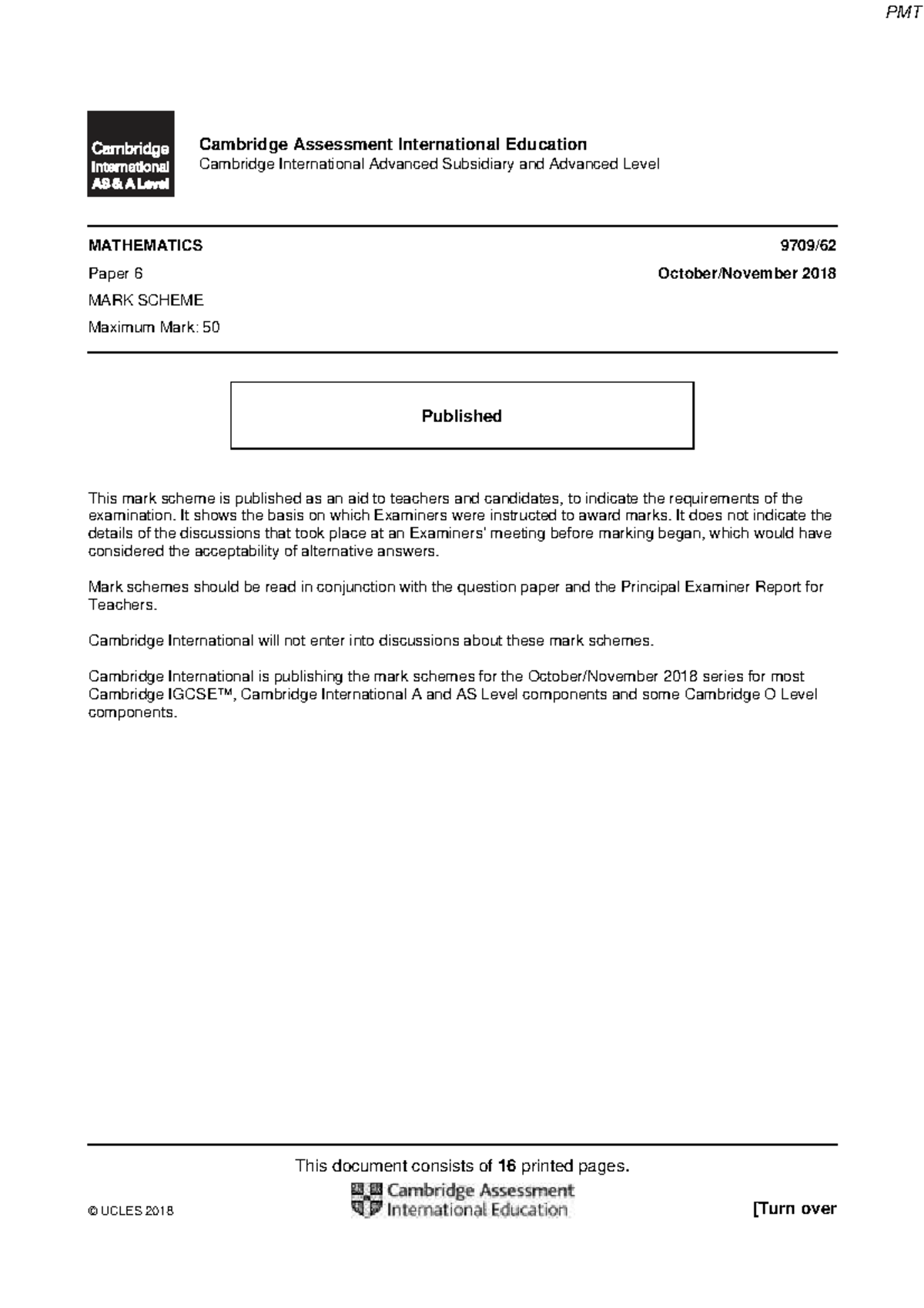 Cambridge International A Level Mathematics Paper 6 2018 Mark Scheme ...