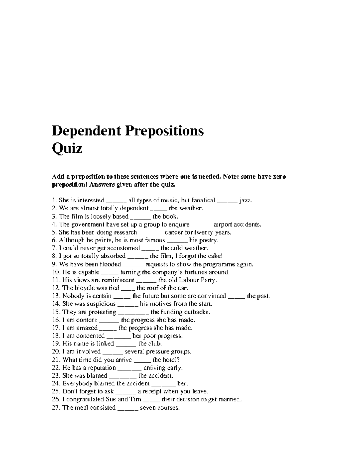 Quiz on Dependent Prepositions - ENG 101 - Studocu