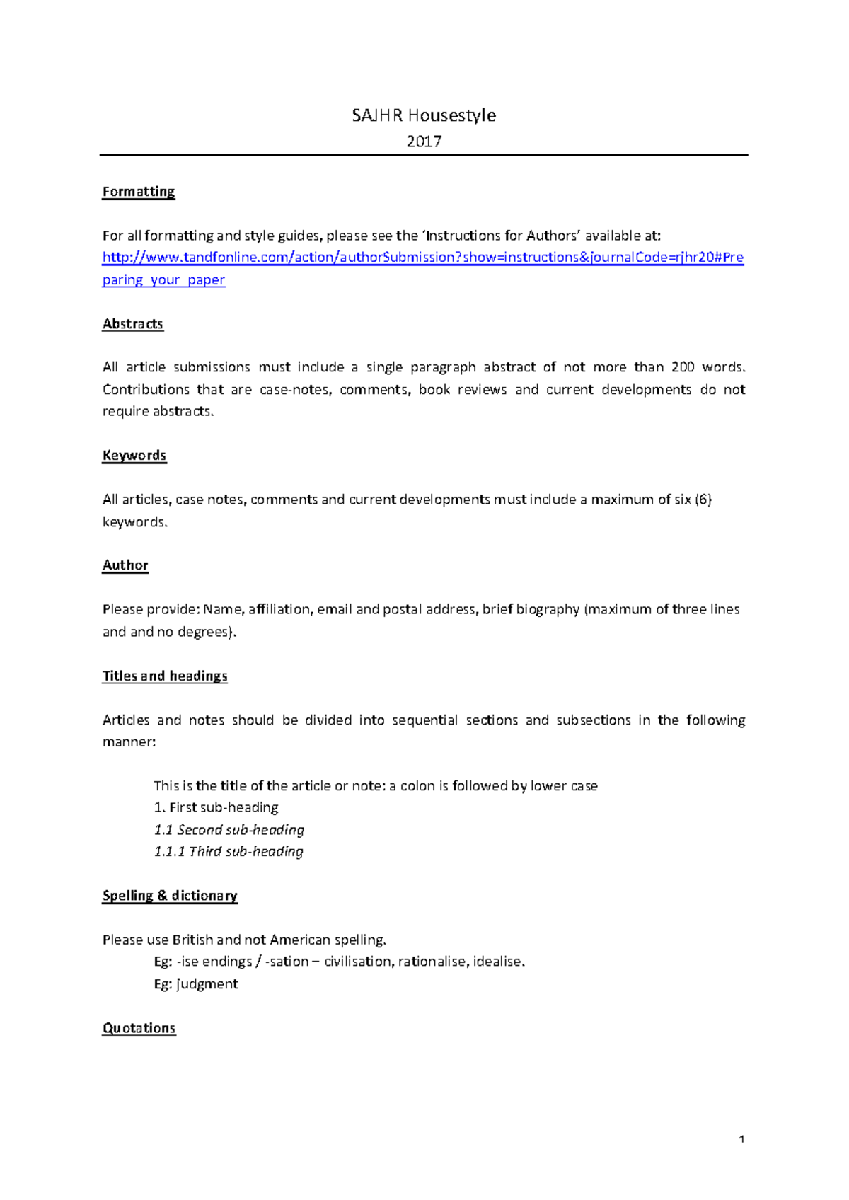 SAJHR Housestyle 2017 Formatting Guidelines for Submissions - Studocu