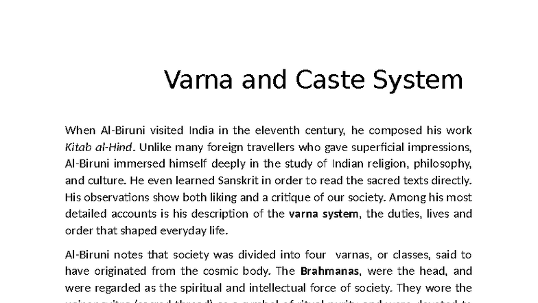 Al Baruni's Insights on Varna & Caste System in India - Studocu