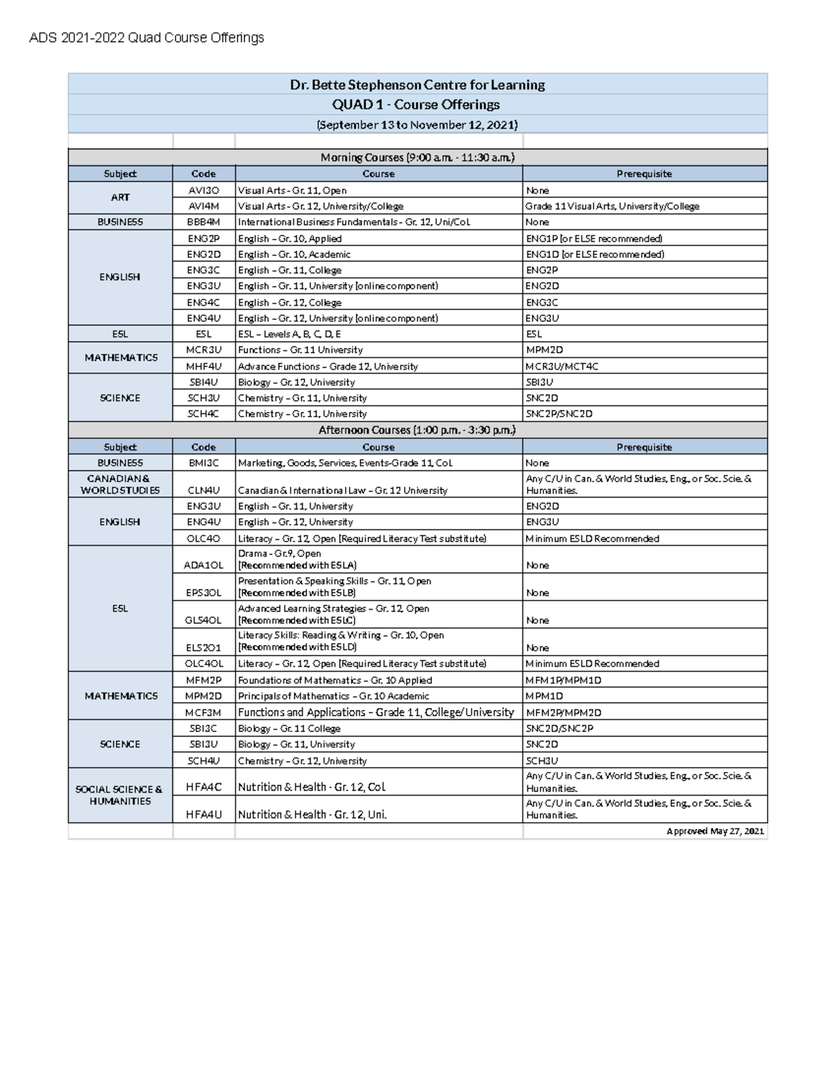 ADS Quad 1 Course Offerings (Sept 13 - Nov 12, 2021) - Studocu