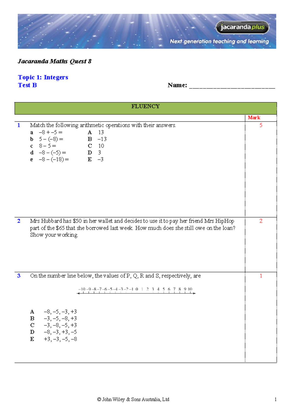 Jacaranda Maths Quest 8 Topic 2: Integers Test B - Studocu