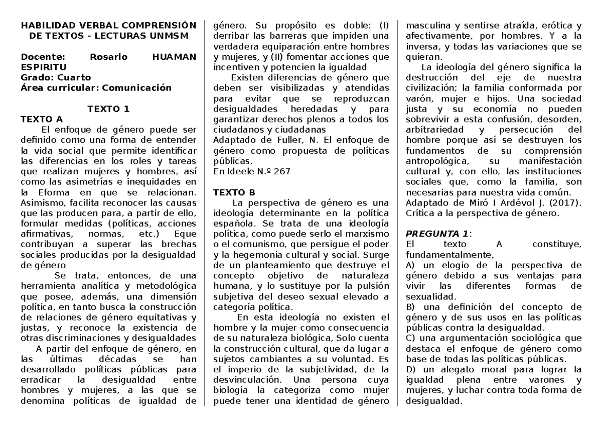 Habilidad Verbal Comprensión DE Textos 1 carrion - HABILIDAD VERBAL