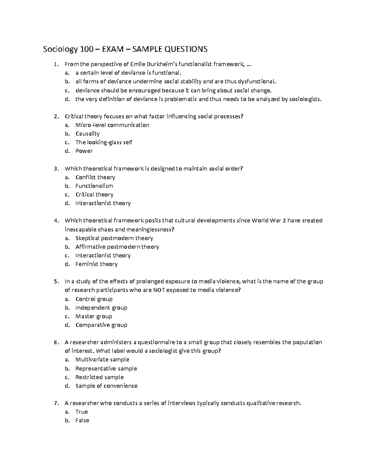 SOCI 100 Sample Exam Questions: Key Concepts & Theories - Studocu