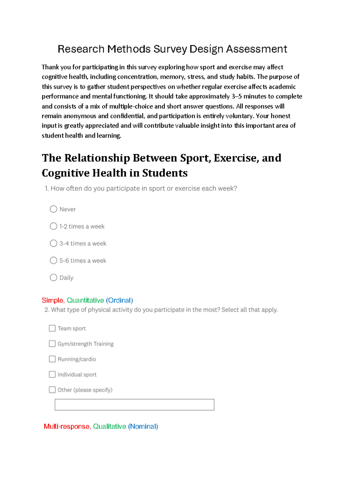 Research Methods: Survey Design on Sport & Cognitive Health - Studocu