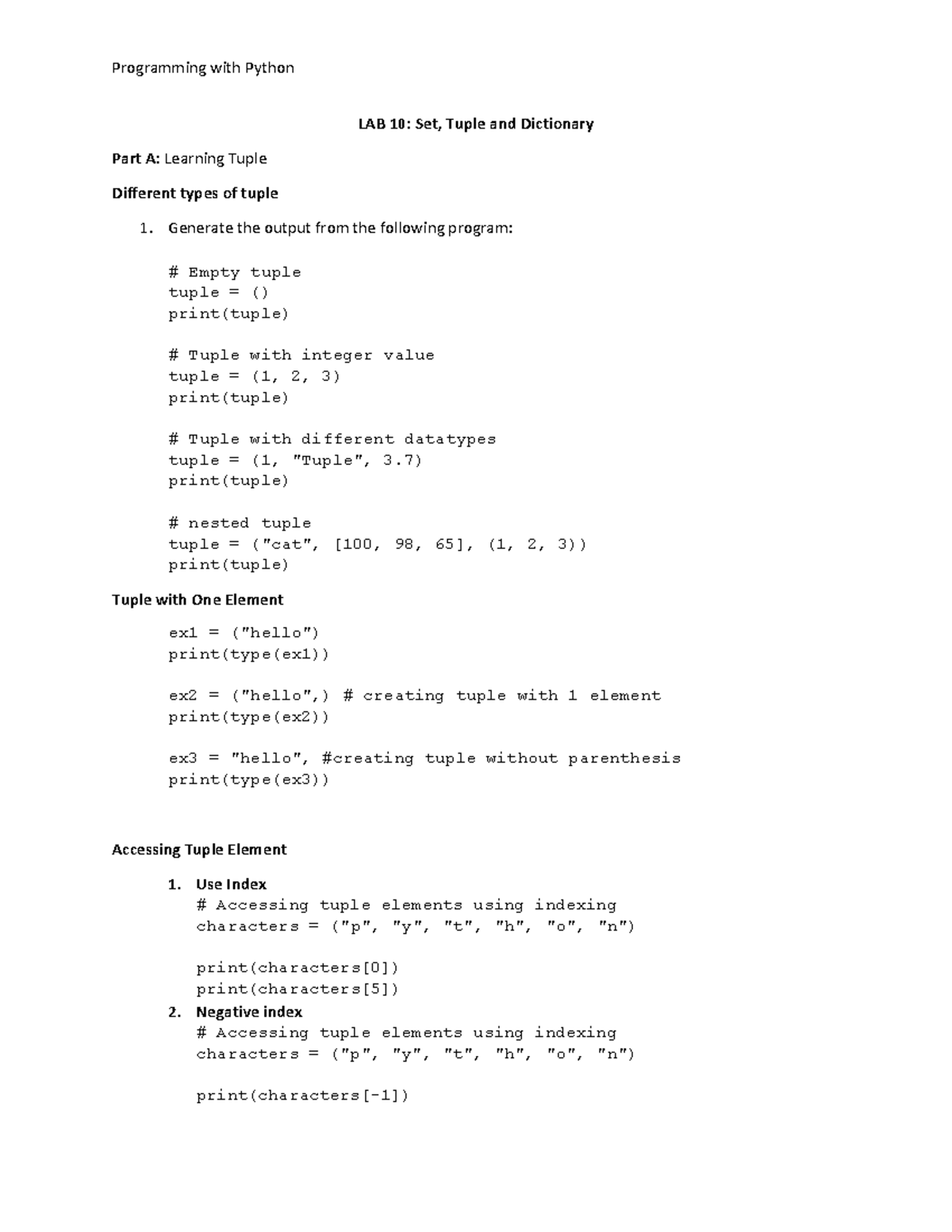 Lab 10 - Set, Tuple and Dictionary - LAB 10 : Set, Tuple and Dictionary ...